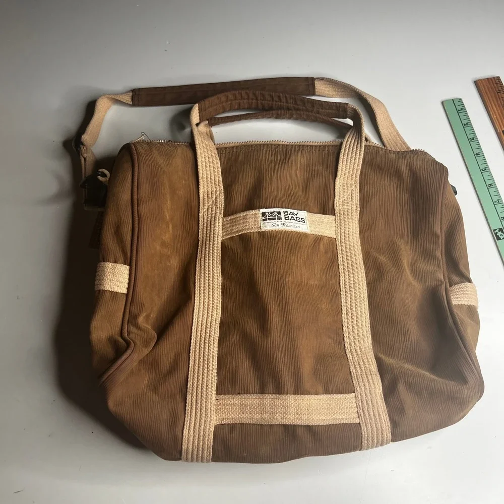 Vintage 70s Bay Bags San Francisco Brown Corduroy Duffle Bag Weekend Travel Bag